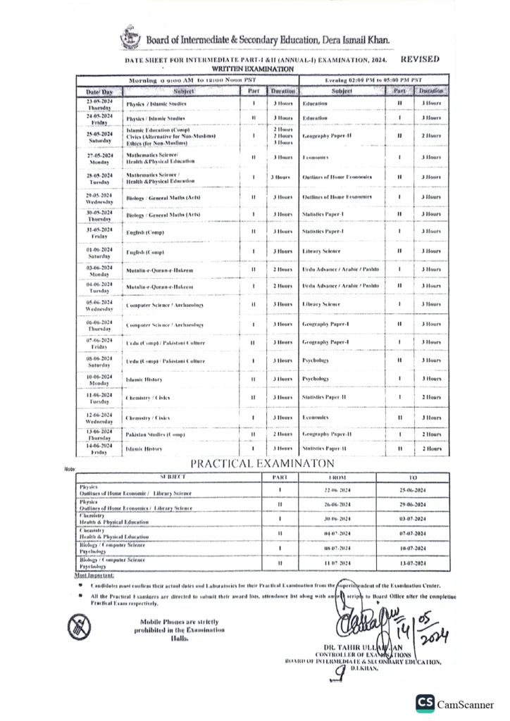 BISE DI Khan HSSC Part 1 & 2 Annual Date Sheet [Revised] 2024 - Paper and Practical Exam Dates for 1st Year and 2nd Year