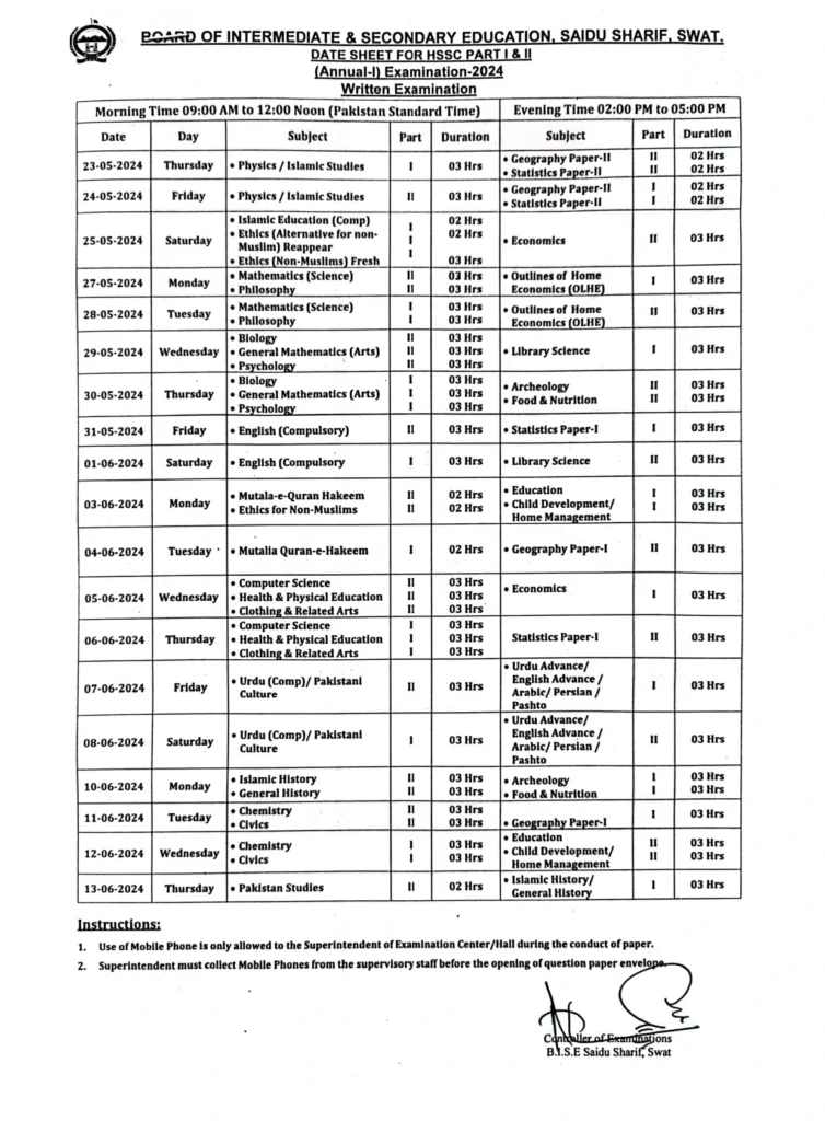 BISE Swat HSSC Part 1 & 2 Annual Date Sheet [Revised] 2024 - Paper Dates