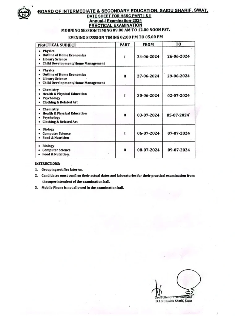 BISE Swat HSSC Part 1 & 2 Annual Date Sheet [Revised] 2024 - Practical Dates