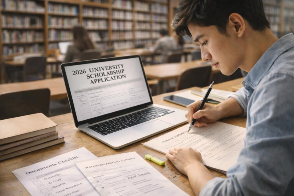 Students using artificial intelligence technology in a modern university classroom.