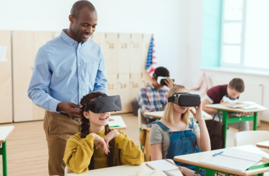 Students learning with digital technology in a modern classroom.
